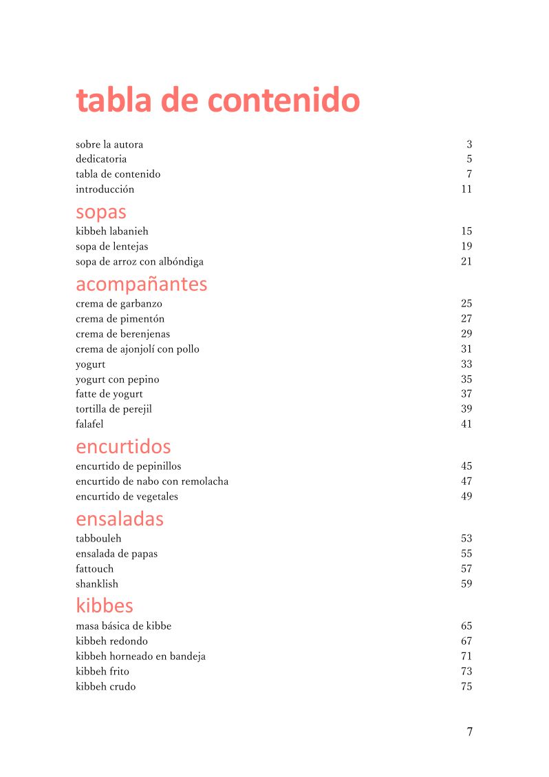 Página de muestra del libro: Tabla de contenido