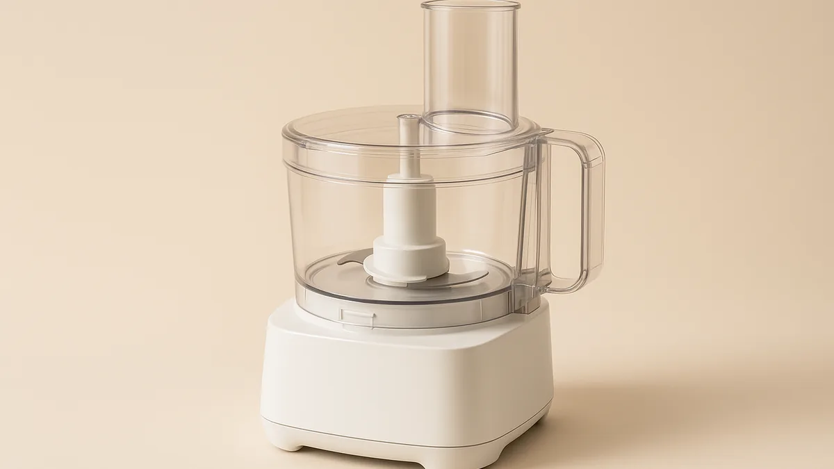 Procesador de alimentos blanco con vaso transparente